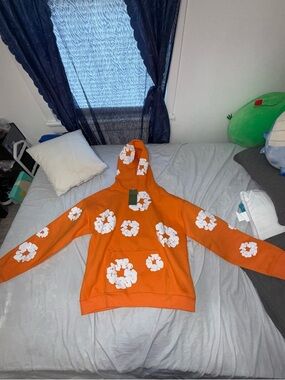 Orange Hoodie with White Floral Clusters